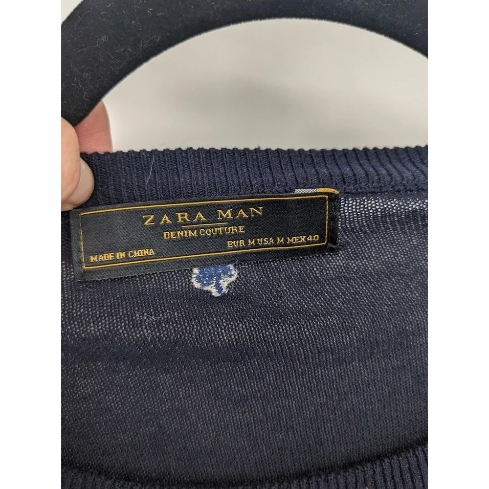 Zara Man Sweater Mens Medium Navy Blue Hearts Playing Cards‎ Lightweight Casual